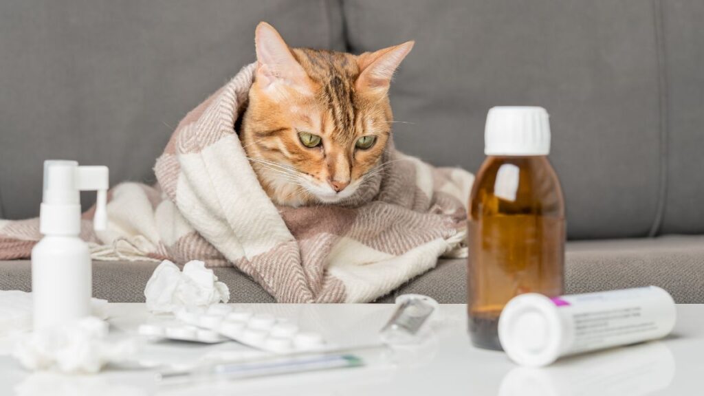 Gattino rosso avvolto in una sciarpa con medicine davanti, raffreddore del gatto e sintomi respiratori