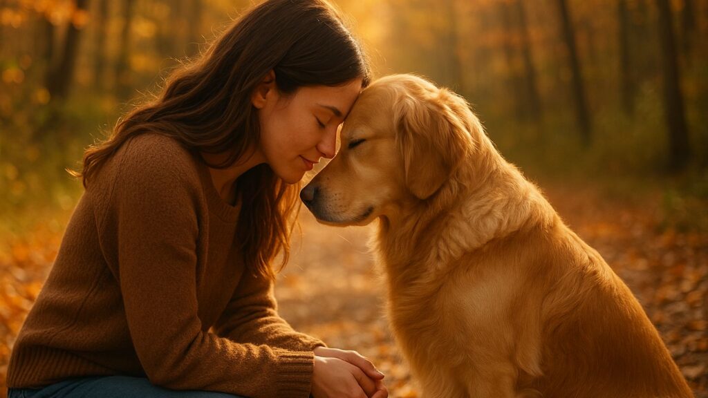 Benessere del cane e relazione con il proprietario Donna con golden retriever in un momento di relazione e benessere all’aperto