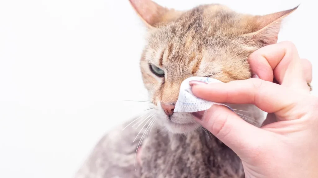 Gatto pulito sul musetto con una salvietta delicata